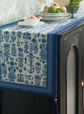 亚麻桌旗新中式防水茶旗法式中古斗柜边柜台布长条盖布床旗定制