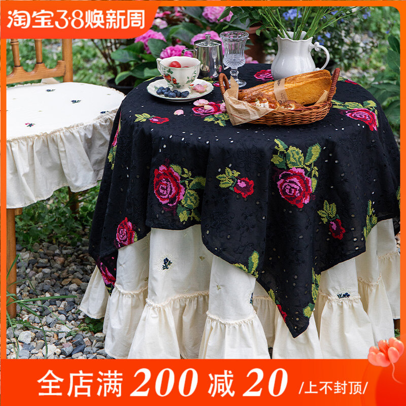 黑玫瑰圆桌布田园复古美式棉麻刺绣高档餐M桌布长方形茶几台布盖