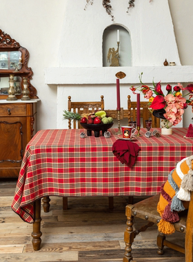 DMHome圣诞桌布红色格子新年长方形餐桌布艺苏格兰格纹节日装饰布