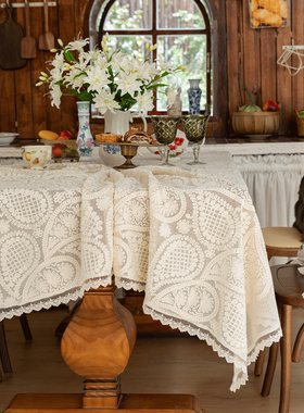 法式绣花桌布米色奶油风复古餐桌布艺简约茶几台布美式田园风盖布