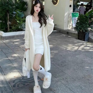 小个子仿水貂绒毛衣外套女秋冬慵懒风V领过膝针织开衫中长款外搭