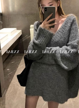 v领套头毛衣女中长款加厚针织衫