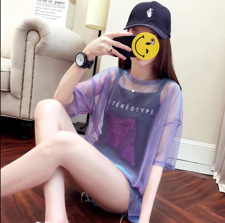 2022亮丝网纱短袖t恤女吊带夏韩版大码女装宽松上衣中长款两件套