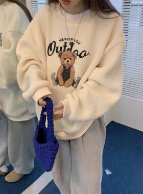 秋冬季加绒加厚羊羔绒宽松卫衣女