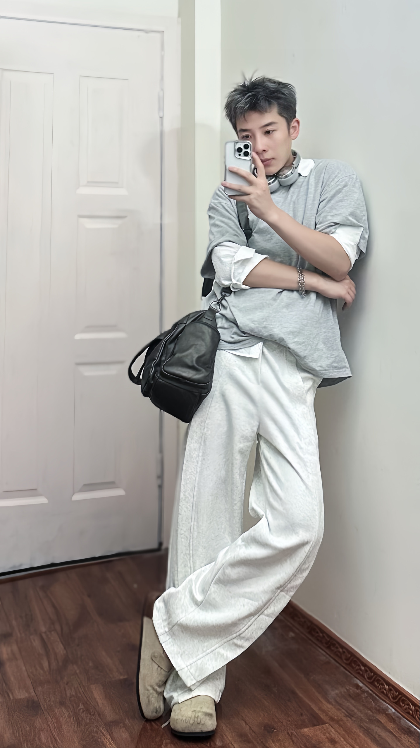 SHR潮百万裤子男高级自然质感灰白色简约卫裤设计感男女款休闲裤