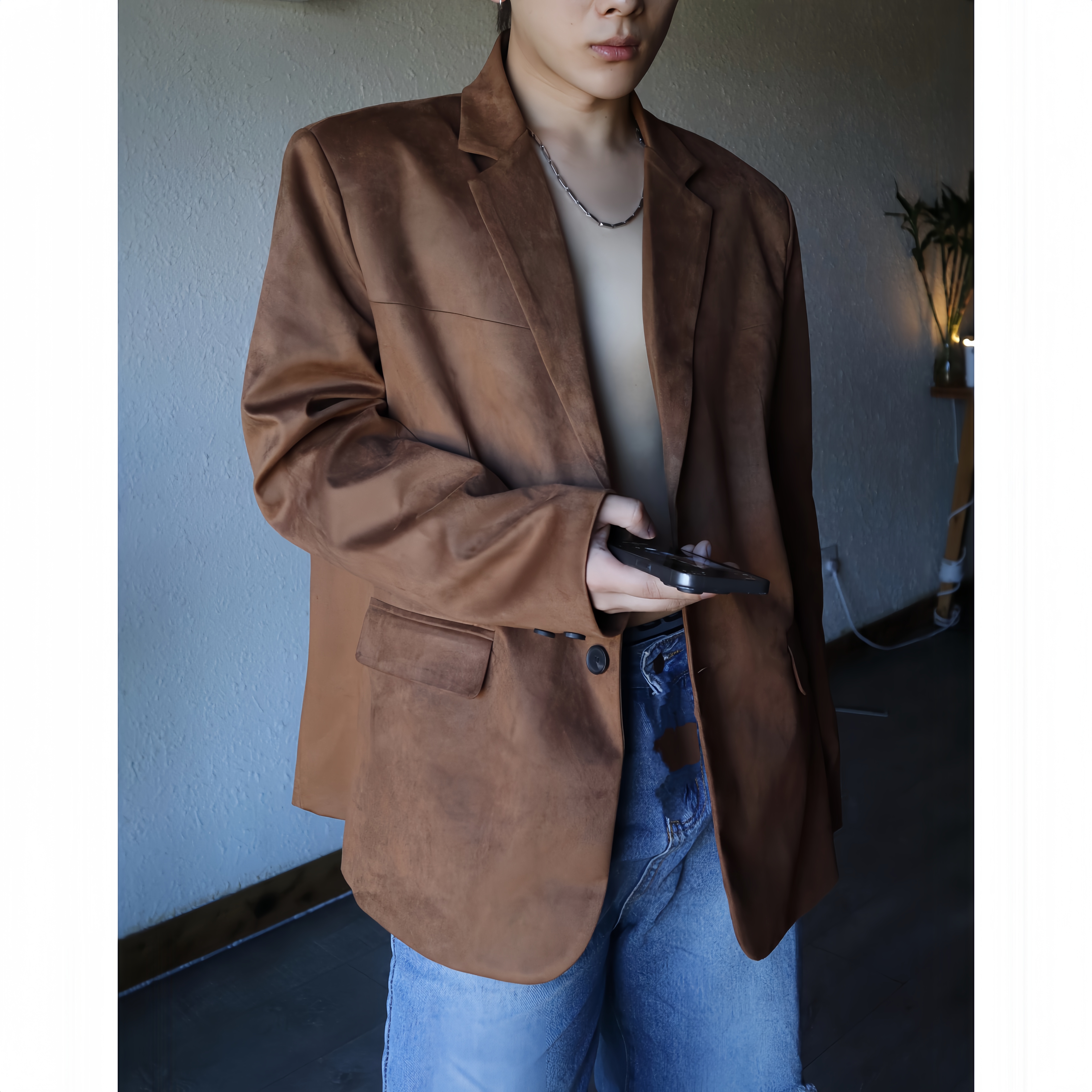 SHR潮百万仿麂皮休闲西服夹克男士春秋复古高级感轻熟风西装外套