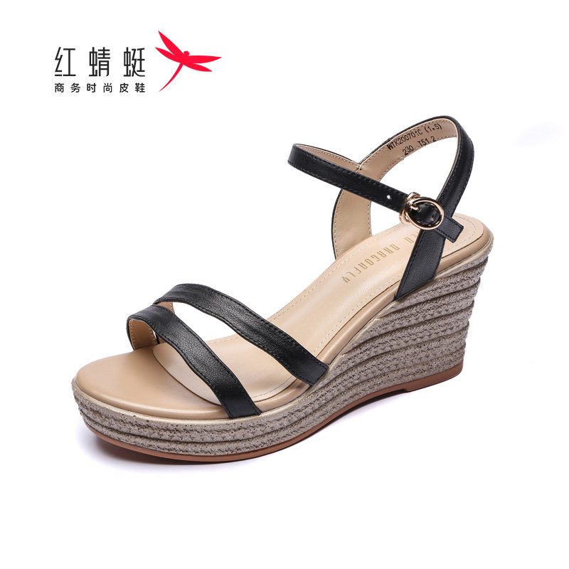 红蜻蜓女鞋女凉鞋夏季新款松糕休闲百搭时尚坡跟牛皮厚底增高舒适