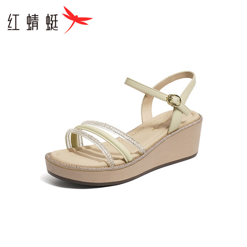 红蜻蜓女鞋凉鞋夏季新款坡跟一字带时尚鱼嘴舒适软底女凉拖鞋休闲
