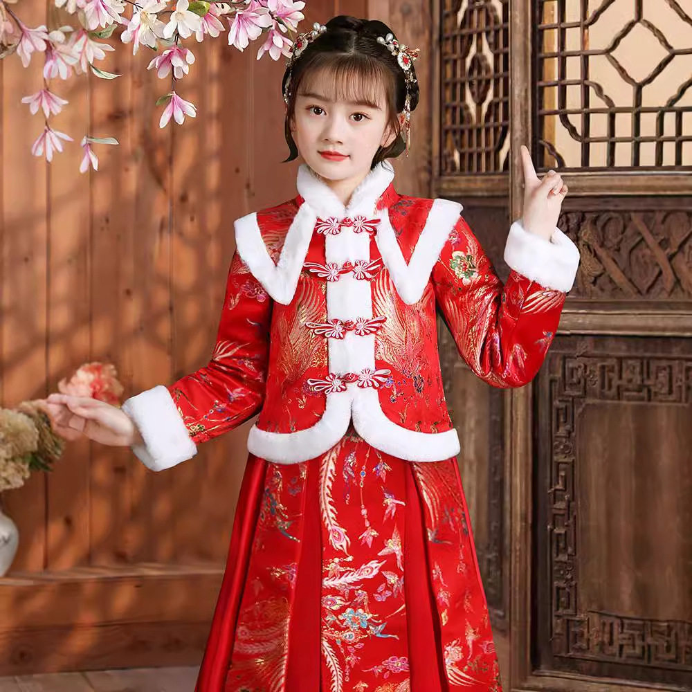 女童拜年服汉服冬装棉袄新年中国风儿童唐装过年喜庆加厚红色