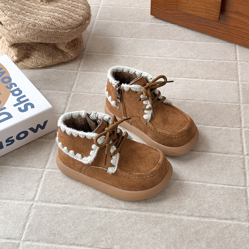 儿童棉靴2025冬季新款复古中筒皮靴韩版女童加绒抗寒洋气圆头棉靴