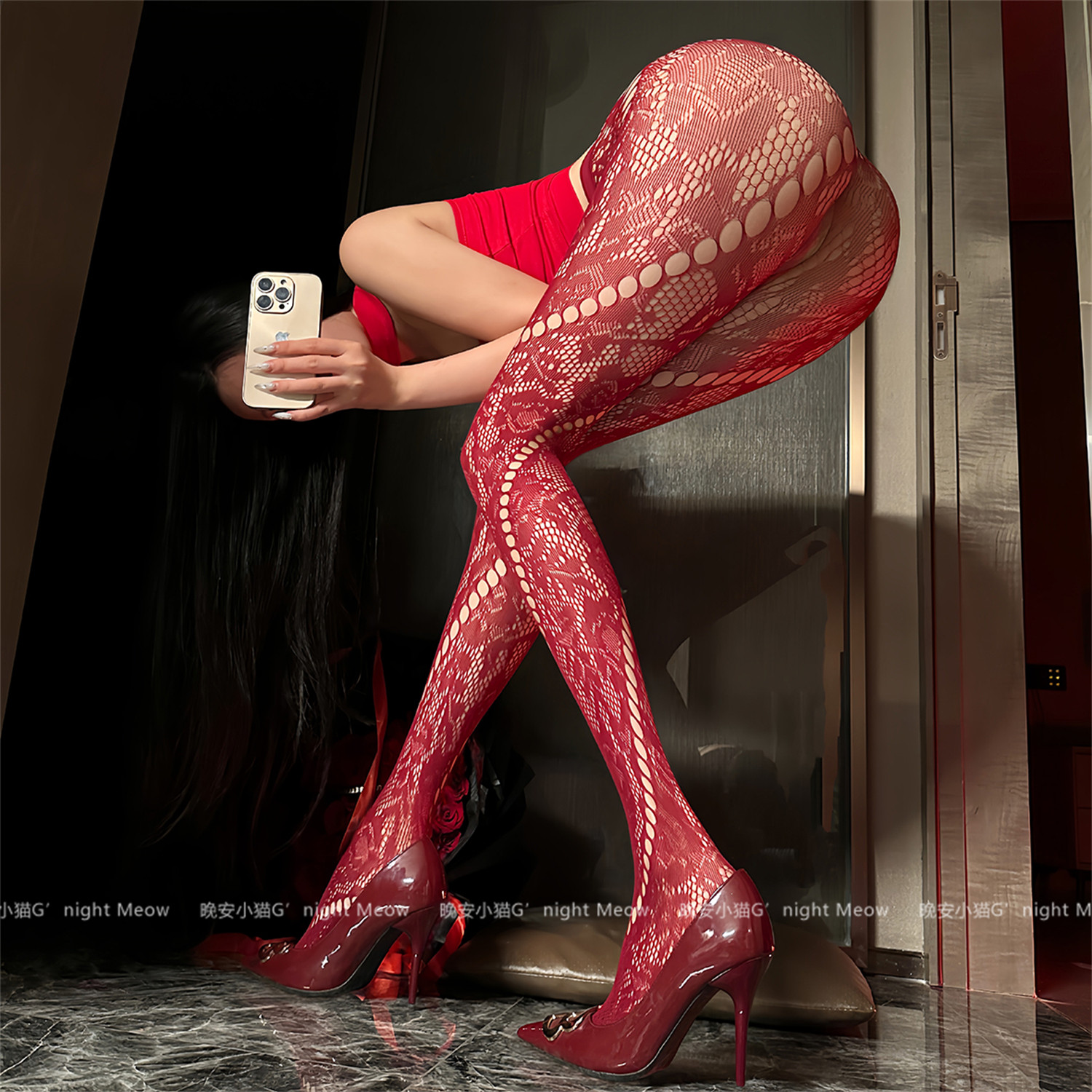 红色玫瑰丝袜薄款复古千禧年辣妹镂空黑丝性感一体网袜打底连裤袜