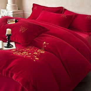 高级感结婚四件套牛奶绒红色刺绣被套加厚珊瑚绒婚庆喜庆床品婚房