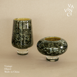 梵其 中古孔雀纹高脚水养琉璃花瓶摆件客厅餐桌轻奢创意玻璃花器