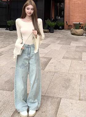 浅蓝色刺绣直筒裤牛仔裤女2025新款休闲宽松阔腿裤小个子显瘦长裤