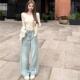 小个子显瘦长裤 浅蓝色刺绣直筒裤 休闲宽松阔腿裤 女2025新款 牛仔裤