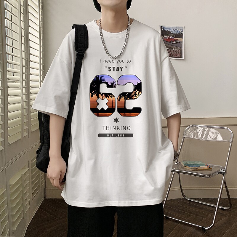 2023夏装新款印花宽松港仔百搭学生休闲圆领短袖t恤Y369P25白,男装T恤,电商B219