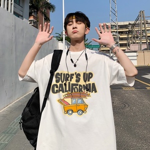 2024新款220g重磅纯棉港风男美式大版型宽松落肩短袖T恤Y655P25白,男装T恤,电商B219