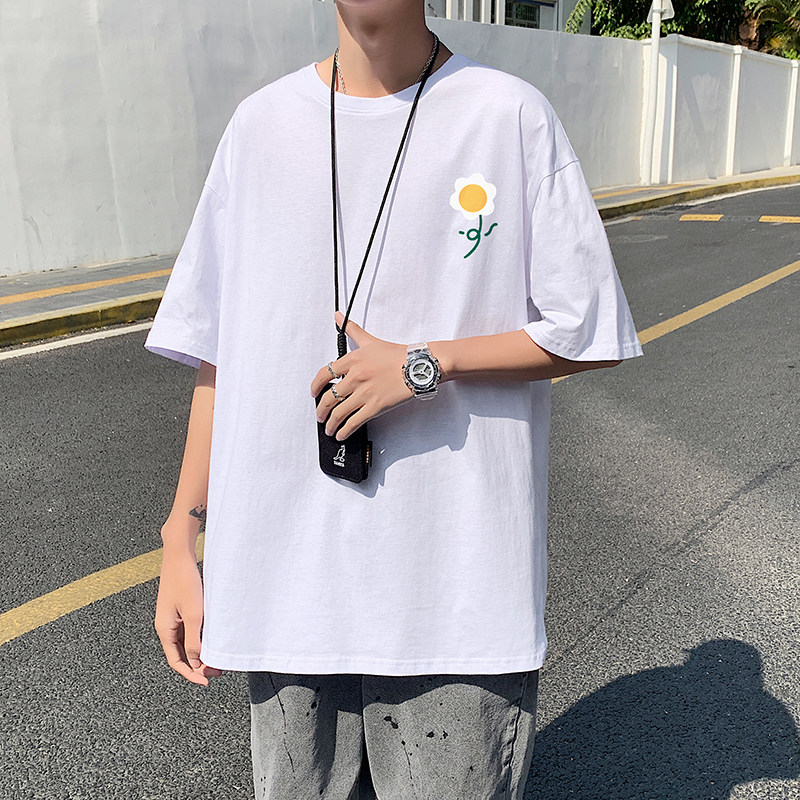 505-1-Y138t恤男夏季新款港风小花印花短袖中性风情侣宽松黑,男装T恤,电商B219