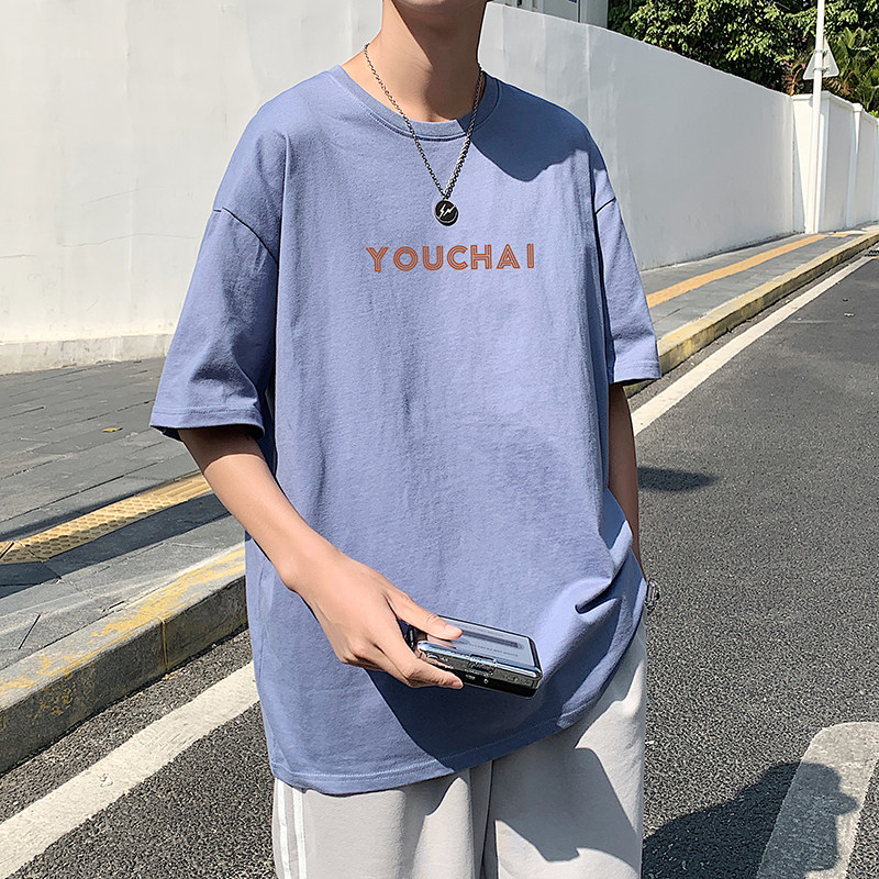 505-1-Y108 休闲春夏季新品有柴款中性风男女款短袖T恤蓝图片