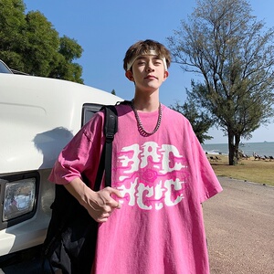 2023新款夏装纯棉圆领复古做旧宽松港仔短袖蜡染水洗T恤Y352P35图片