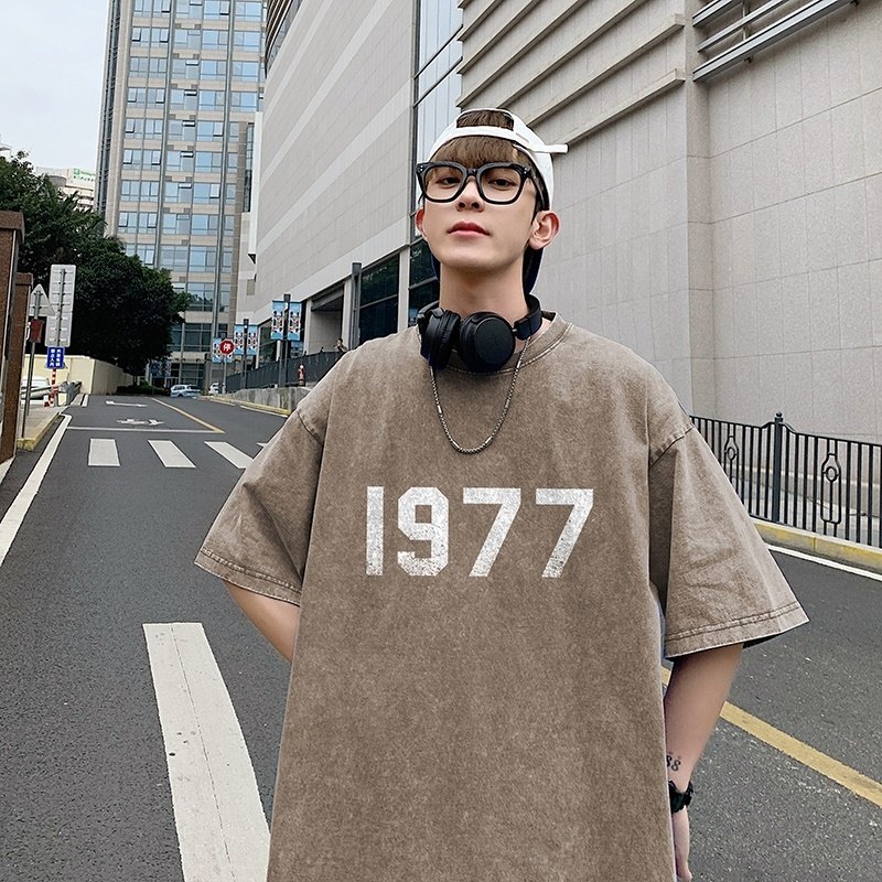 2023创意破损1977印花纯棉复古做旧港仔宽松短袖水洗T恤Y336P35蓝,男装T恤,电商B219
