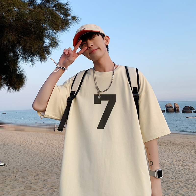 国潮重磅短袖男美式vibe小众高街数字T恤oversize小领口半袖夏季，男装T恤，电商B219