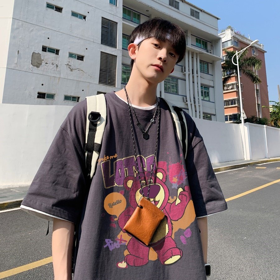 2024新款重磅品质纯棉港风男美式大版型宽松落肩短袖T恤Y627P25蓝,男装T恤,电商B219