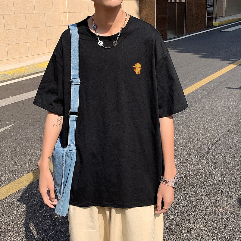 505-1-Y168男装夏季纯棉宽松港风印花休闲上衣中性风T恤黑,男装T恤,电商B219