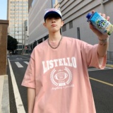 2024重磅品质纯棉港风男美式大版型宽松落肩短袖T恤Y629P25灰蓝，男装T恤，电商B219