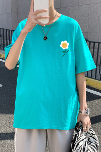505-1-Y138t恤男夏季新款港风小花印花短袖中性风情侣宽松蓝图片