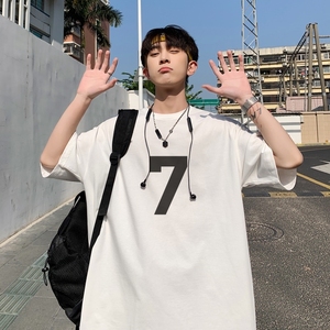 2023夏装数字7印花宽松港仔百搭学生休闲圆领短袖t恤Y229P25白图片