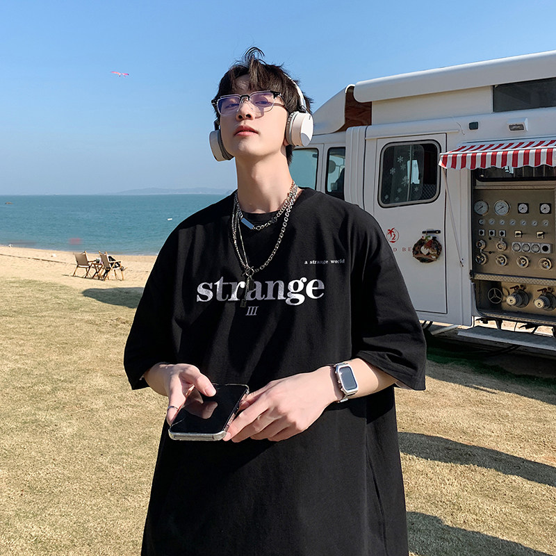 2023夏装新款英文印花宽松港仔百搭学生休闲圆领短袖t恤Y259P25蓝,男装T恤,电商B219