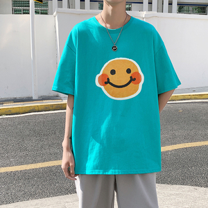 505-1-Y158t恤男女同款多色原宿港风宽松半截袖百搭中性风绿图片