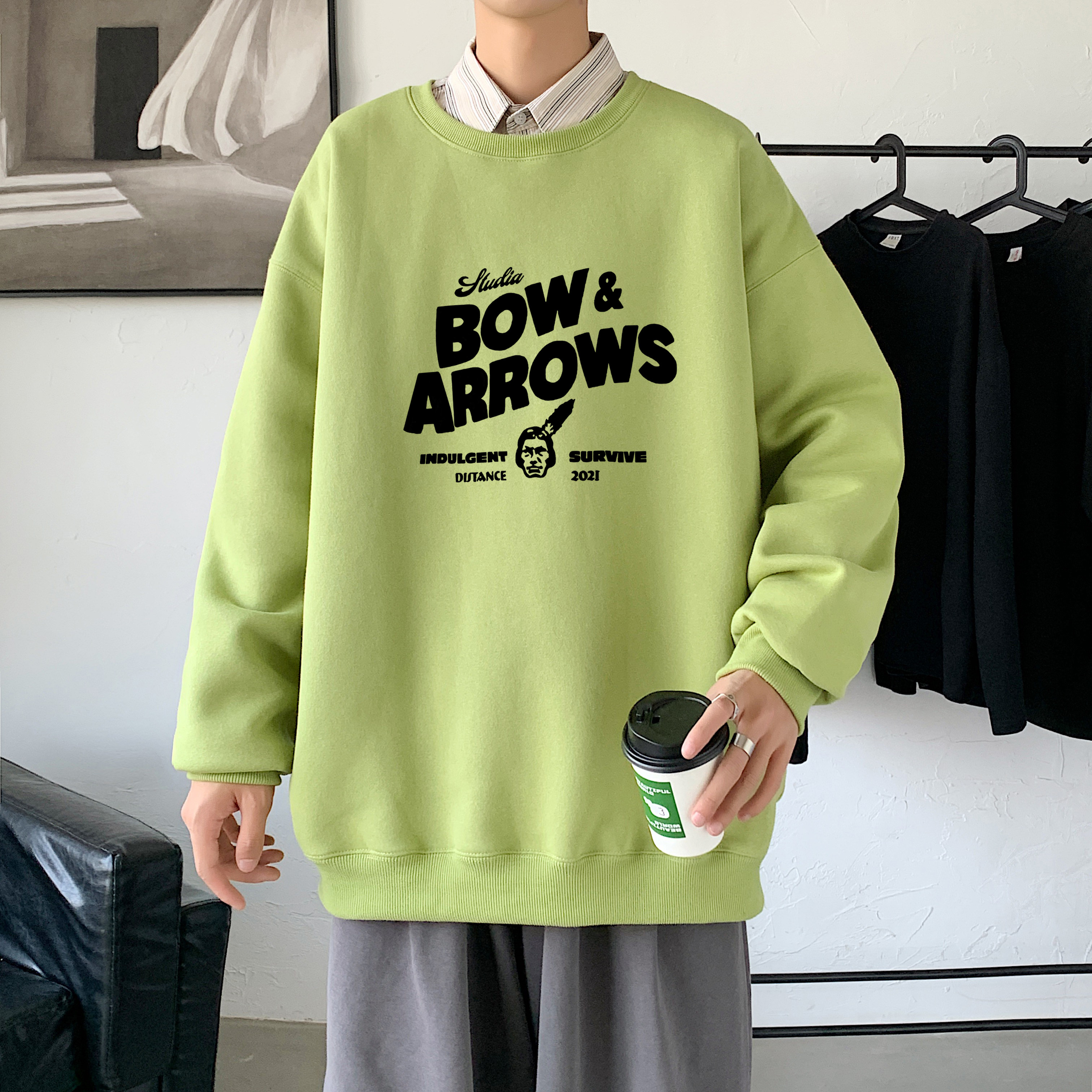 2021秋冬新款高品质多色印花港仔宽松情侣卫衣Y022深灰,男装卫衣,电商B219