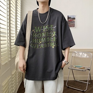 2023夏装新款印花宽松港仔百搭学生休闲圆领短袖t恤Y370P25黑色图片