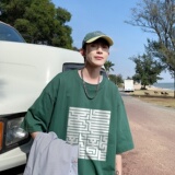 龙年LOGO重磅品质纯棉港风男美式大版型宽松落肩短袖T恤Y616P25，男装T恤，电商B219