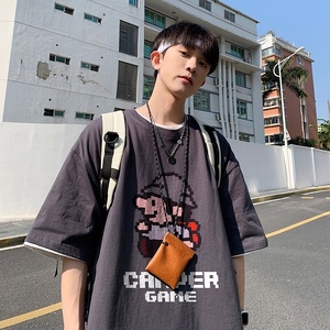 wassup happy卡通短袖t恤男款夏季潮流设计感宽松大码休闲五分袖图片