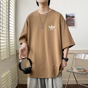 2023夏装新款印花宽松港仔百搭学生休闲圆领短袖t恤Y366P25咖图片