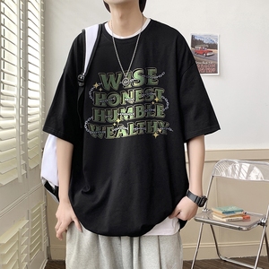 2023夏装新款印花宽松港仔百搭学生休闲圆领短袖t恤Y370P25黑色图片