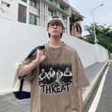 220克新款夏装纯棉圆领复古做旧宽松港仔短袖蜡染水洗T恤Y359P35，男装T恤，电商B219