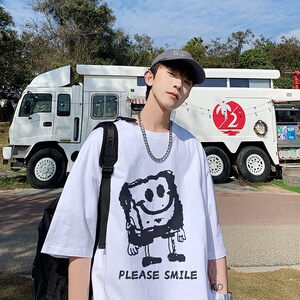 奶蓝色短袖T恤男夏季潮牌宽松卡通纯棉半袖港风日系大码重磅体恤图片