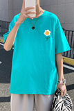 505-1-Y138t恤男夏季新款港风小花印花短袖中性风情侣宽松绿，男装T恤，电商B219
