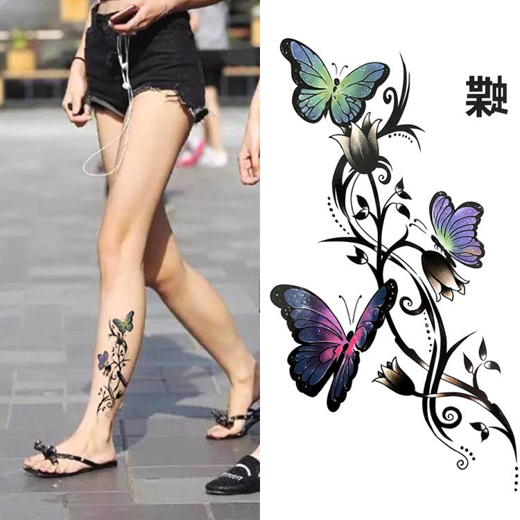 3张 唯美小清新手绘性感彩色蝴蝶花防水持久女款逼真纹身贴脚
