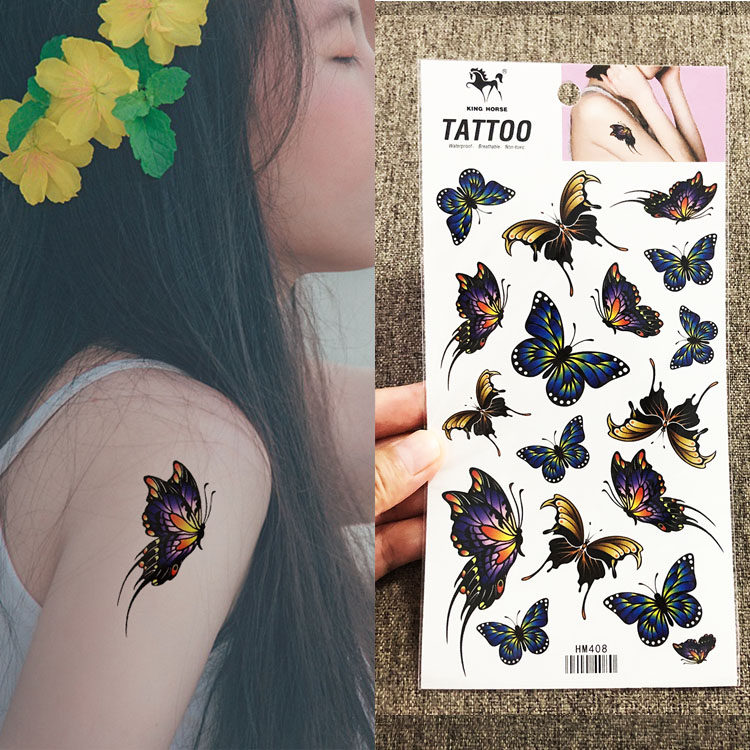 花城物语防水纹身贴女款持久彩色立体小蝴蝶小花 性感可爱刺青贴