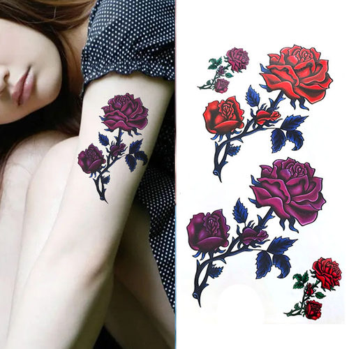 3张 纹身贴防水女持久彩色玫瑰花遮疤性感大腿手臂胸部刺青贴