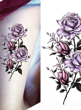 3张 性感唯美手绘紫色彩色玫瑰花大花 防水持久女款纹身贴大腿