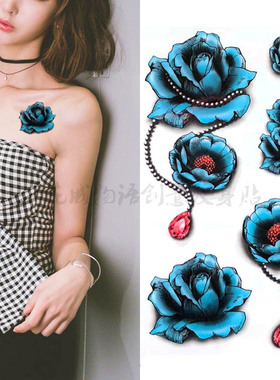3张 3D立体性感蓝色玫瑰花项链花朵 防水持久纹身贴 锁骨胸口