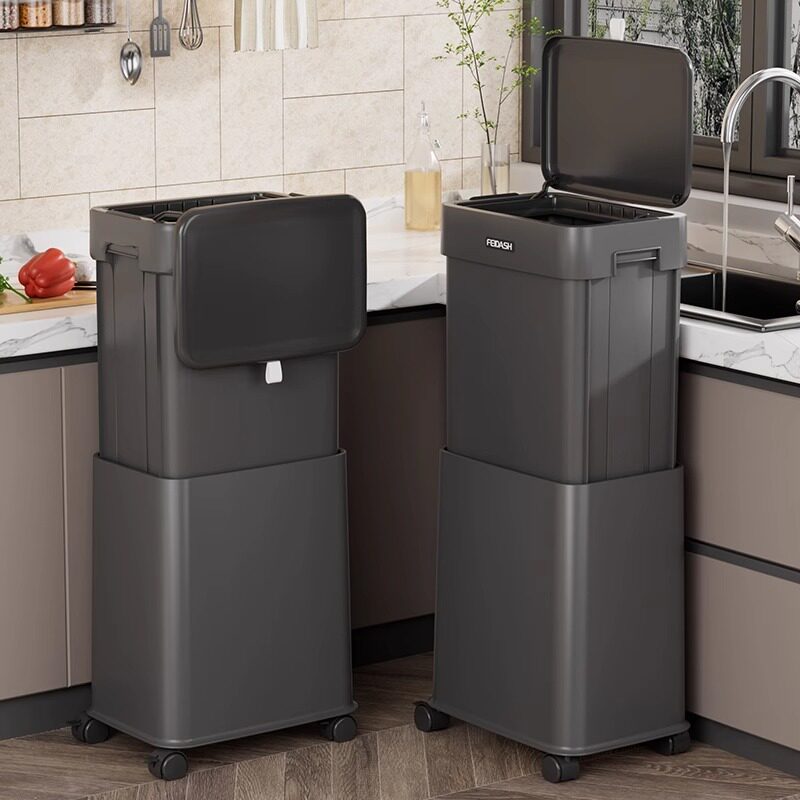 日本厨房专用垃极桶免弯腰大号容量可升降带轮子带盖移动家用高款
