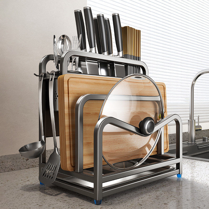 日本新款304不锈钢厨房刀架置物架多功能菜板刀具筷笼一体收纳架