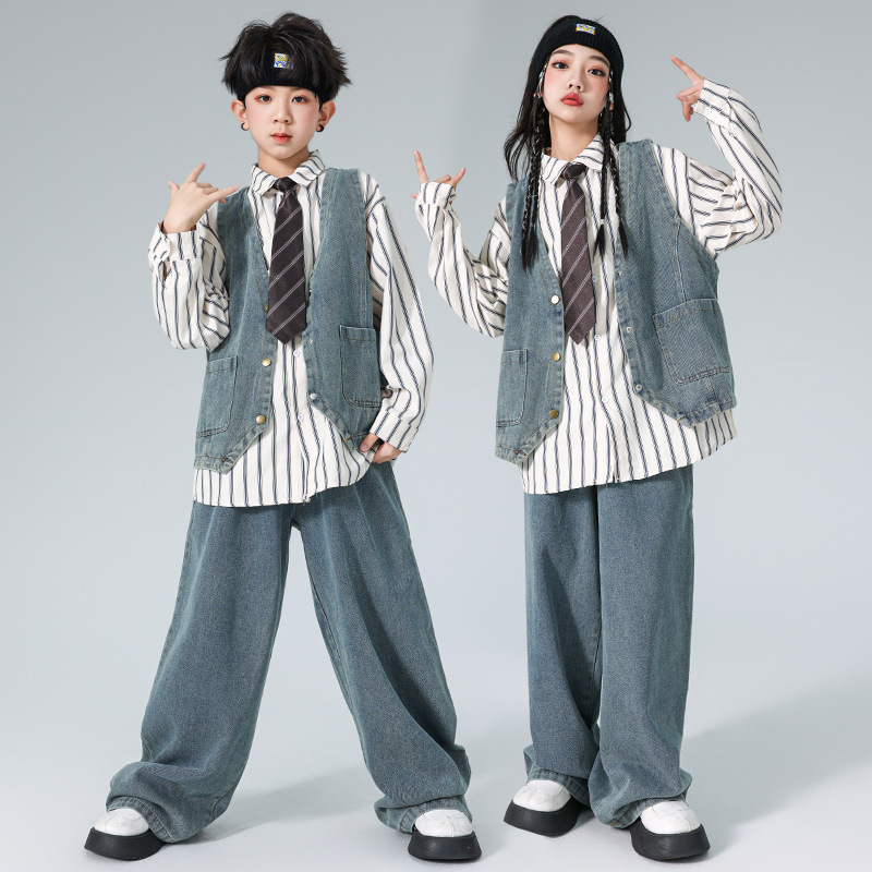 街舞儿童潮服牛仔马甲套装男女童帅酷hiphop衬衫少儿爵士舞演出服